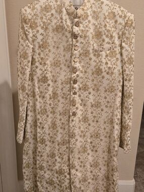 Cream Sherwani with Gold Embroidery - Men's Long Sleeve Formal Jacket
